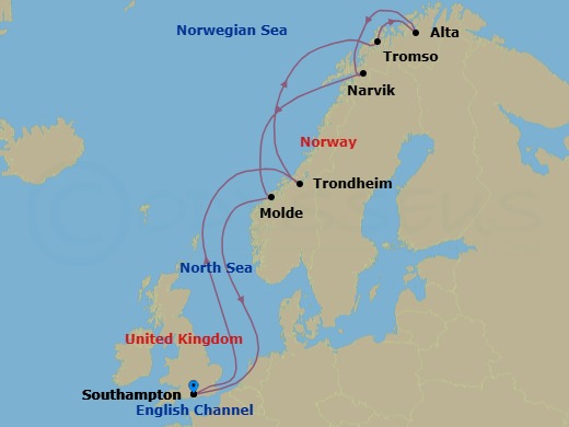 14 Night - Search for the Northern Lights - Majestic Princess - Starting in Southampton (for London), England, Trondheim, Norway, Tromso, Norway, Alta, Norway, Narvik, Norway, Molde, Norway, Southampton (for London), England itinerary map