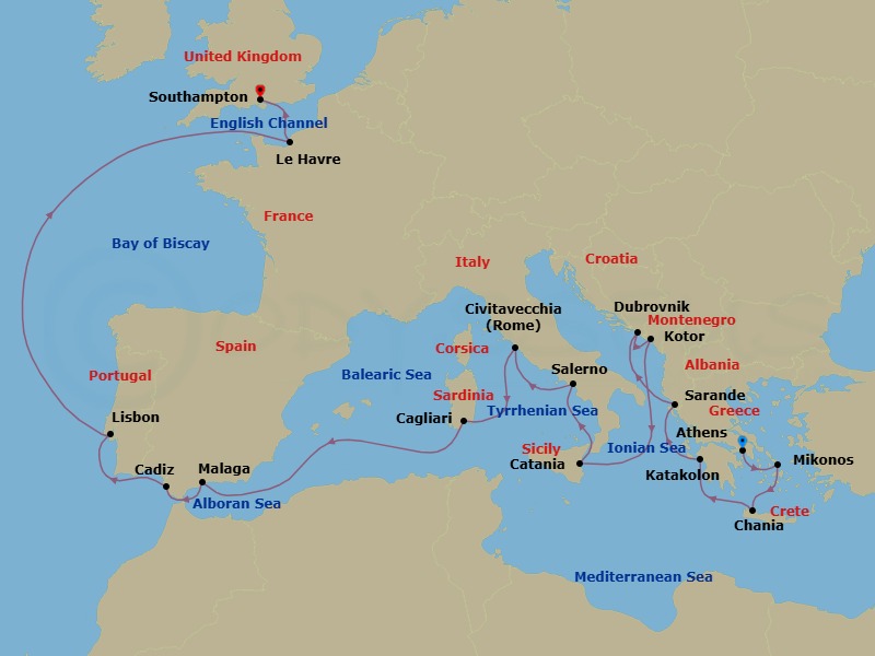 19 Night - Mediterranean & Western Europe Explorer - Caribbean Princess - Starting in Athens (Piraeus), Greece, Mykonos, Greece, Crete (Chania), Greece, Katakolon (for Olympia), Greece, Sarande, Albania, Dubrovnik, Croatia, Kotor, Montenegro, Sicily (Catania), Italy, Amalfi Coast (Salerno), Civitavecchia (for Rome), Italy, Sardinia (Cagliari), Italy, Malaga, Spain, Seville (Cadiz), Spain, Lisbon, Portugal, Le Havre (for Paris / Normandy), France, Southampton (for London), England itinerary map