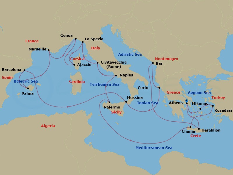 21 Night - The Best of the Mediterranean - Sun Princess - Starting in Athens (Piraeus), Greece, Crete (Heraklion), Greece, Montenegro, Corfu, Greece, Sicily (Messina), Italy, Barcelona, Spain, Mallorca (Palma), Spain, Marseille (Provence), France, Genoa (for Cinque Terre), Italy, Corsica (Ajaccio), France, La Spezia (for Florence / Pisa), Italy, Civitavecchia (for Rome), Italy, Naples, Italy (for Capri and Pompeii), Sicily (Palermo), Italy, Crete (Chania), Greece, Kusadasi, Turkey (for Ephesus), Mykonos, Greece, Athens (Piraeus), Greece itinerary map