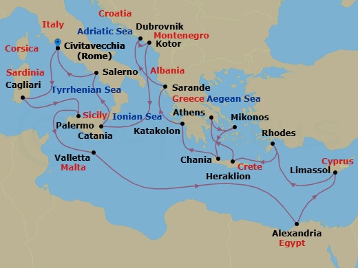 21 Night - The Best of the Mediterranean - Caribbean Princess - Starting in Civitavecchia (for Rome), Italy, Sardinia (Cagliari), Italy, Sicily (Palermo), Italy, Valletta, Malta, Alexandria EG (for Cairo and Giza), Egypt, Limassol, Cyprus, Rhodes, Greece, Crete (Heraklion), Greece, Athens (Piraeus), Greece, Mykonos, Greece, Crete (Chania), Greece, Katakolon (for Olympia), Greece, Sarande, Albania, Dubrovnik, Croatia, Kotor, Montenegro, Sicily (Catania), Italy, Amalfi Coast (Salerno), Civitavecchia (for Rome), Italy itinerary map