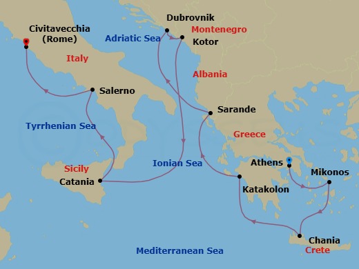 10 Night - Mediterranean with Greek Isles & Italy - Caribbean Princess - Starting in Athens (Piraeus), Greece, Mykonos, Greece, Crete (Chania), Greece, Katakolon (for Olympia), Greece, Sarande, Albania, Dubrovnik, Croatia, Kotor, Montenegro, Sicily (Catania), Italy, Amalfi Coast (Salerno), Civitavecchia (for Rome), Italy itinerary map