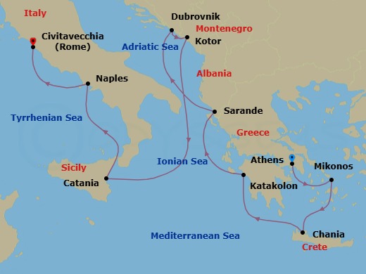 10 Night - Mediterranean with Greek Isles & Italy - Caribbean Princess - Starting in Athens (Piraeus), Greece, Mykonos, Greece, Crete (Chania), Greece, Katakolon (for Olympia), Greece, Sarande, Albania, Dubrovnik, Croatia, Kotor, Montenegro, Sicily (Catania), Italy, Naples, Italy (for Capri and Pompeii), Civitavecchia (for Rome), Italy itinerary map