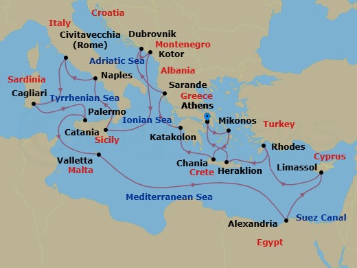 21 Night - The Best of the Mediterranean - Caribbean Princess - Starting in Athens (Piraeus), Greece, Mykonos, Greece, Crete (Chania), Greece, Katakolon (for Olympia), Greece, Sarande, Albania, Dubrovnik, Croatia, Kotor, Montenegro, Sicily (Catania), Italy, Naples, Italy (for Capri and Pompeii), Civitavecchia (for Rome), Italy, Sardinia (Cagliari), Italy, Sicily (Palermo), Italy, Valletta, Malta, Alexandria EG (for Cairo and Giza), Egypt, Limassol, Cyprus, Rhodes, Greece, Crete (Heraklion), Greece, Athens (Piraeus), Greece itinerary map