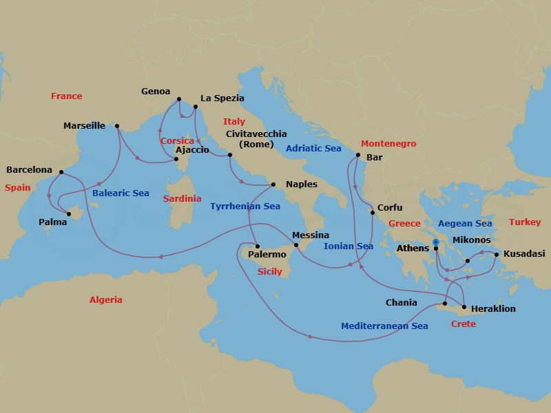 21 Night - The Best of the Mediterranean - Sun Princess - Starting in Athens (Piraeus), Greece, Crete (Heraklion), Greece, Montenegro, Corfu, Greece, Sicily (Messina), Italy, Barcelona, Spain, Mallorca (Palma), Spain, Marseille (Provence), France, Corsica (Ajaccio), France, Genoa (for Cinque Terre), Italy, La Spezia (for Florence / Pisa), Italy, Civitavecchia (for Rome), Italy, Naples, Italy (for Capri and Pompeii), Sicily (Palermo), Italy, Crete (Chania), Greece, Kusadasi, Turkey (for Ephesus), Mykonos, Greece, Athens (Piraeus), Greece itinerary map