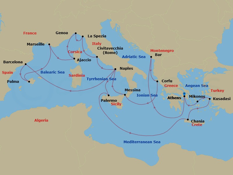 21 Night - The Best of the Mediterranean - Sun Princess - Starting in Athens (Piraeus), Greece, Montenegro, Corfu, Greece, Sicily (Messina), Italy, Naples, Italy (for Capri and Pompeii), Barcelona, Spain, Mallorca (Palma), Spain, Marseille (Provence), France, Corsica (Ajaccio), France, Genoa (for Cinque Terre), Italy, La Spezia (for Florence / Pisa), Italy, Civitavecchia (for Rome), Italy, Naples, Italy (for Capri and Pompeii), Sicily (Palermo), Italy, Crete (Chania), Greece, Kusadasi, Turkey (for Ephesus), Mykonos, Greece, Athens (Piraeus), Greece itinerary map