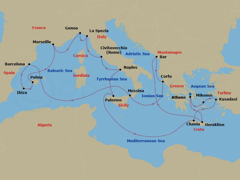 21 Night - The Best of the Mediterranean - Sun Princess - Starting in Athens (Piraeus), Greece, Crete (Heraklion), Greece, Montenegro, Corfu, Greece, Sicily (Messina), Italy, Barcelona, Spain, Ibiza, Spain, Mallorca (Palma), Spain, Marseille (Provence), France, Genoa (for Cinque Terre), Italy, La Spezia (for Florence / Pisa), Italy, Civitavecchia (for Rome), Italy, Naples, Italy (for Capri and Pompeii), Sicily (Palermo), Italy, Crete (Chania), Greece, Kusadasi, Turkey (for Ephesus), Mykonos, Greece, Athens (Piraeus), Greece itinerary map