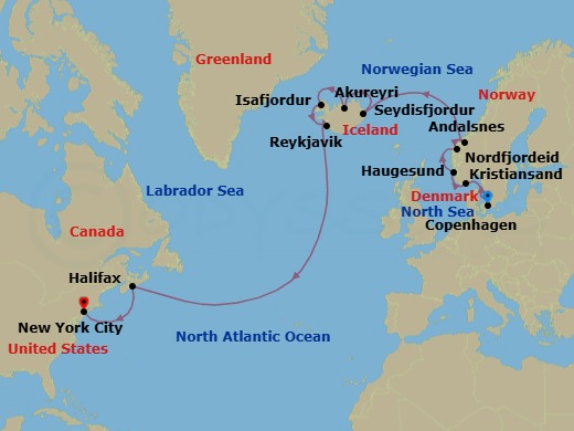 16 Night - Fire & Ice Explorer - Regal Princess - Starting in Copenhagen, Denmark, Kristiansand, Norway, Haugesund, Norway, Nordfjordeid, Norway, Andalsnes, Norway, Seydisfjordur, Iceland, Akureyri, Iceland, Isafjordur, Iceland, Reykjavik, Iceland, Halifax, Canada, New York City (Manhattan or Brooklyn), New York itinerary map
