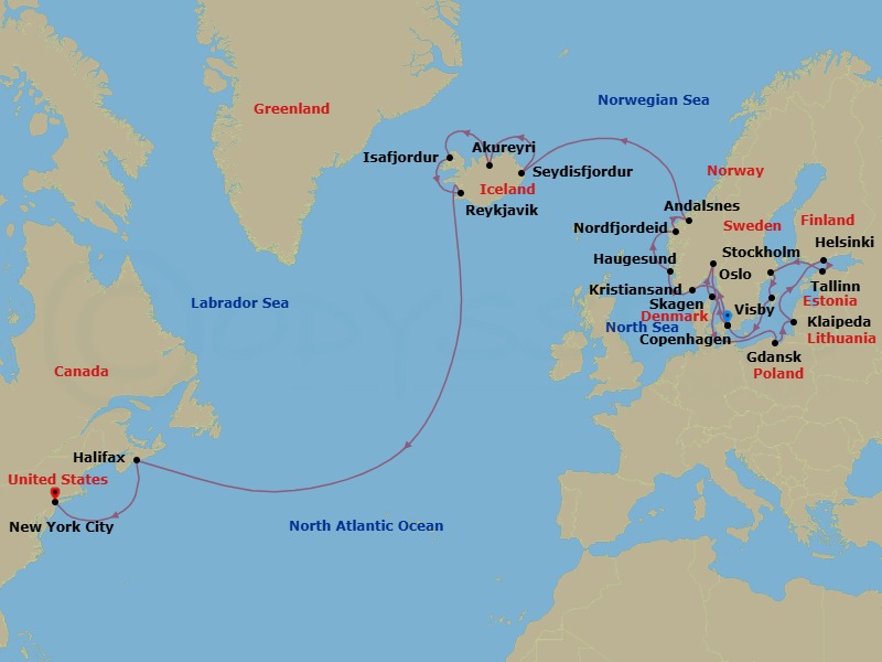 28 Night - Fire, Ice & Norwegian Grand Adventure - Regal Princess - Starting in Copenhagen, Denmark, Skagen, Denmark, Oslo, Norway, Gdansk (Gdynia), Poland, Klaipeda, Lithuania, Helsinki, Finland, Tallinn, Estonia, Stockholm, Sweden, Visby, Sweden, Copenhagen, Denmark, Kristiansand, Norway, Haugesund, Norway, Nordfjordeid, Norway, Andalsnes, Norway, Seydisfjordur, Iceland, Akureyri, Iceland, Isafjordur, Iceland, Reykjavik, Iceland, Halifax, Canada, New York City (Manhattan or Brooklyn), New York itinerary map