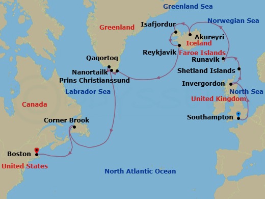 18 Night - Fire & Ice Explorer - Caribbean Princess - Starting in Southampton (for London), England, Invergordon, Scotland, Shetland Islands (Lerwick), Scotland, Runavik, Faroe Islands, Akureyri, Iceland, Isafjordur, Iceland, Reykjavik, Iceland, Prins Christian Sund, Greenland (Scenic Cruising), Nanortalik, Greenland, Qaqortoq, Greenland, Corner Brook, Canada, Boston, Massachusetts itinerary map