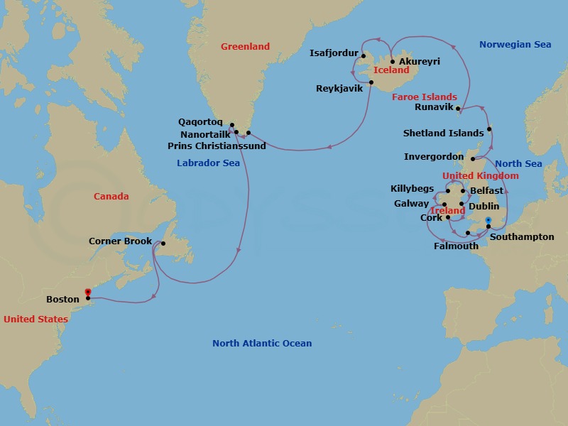 26 Night - Fire, Ice & British Isles Grand Adventure - Caribbean Princess - Starting in Southampton (for London), England, Galway, Ireland, Killybegs, Ireland, Belfast, Northern Ireland, Dublin (Dun Laoghaire), Ireland, Cork, Ireland (Cobh / for Blarney Castle), Cornwall (Falmouth), England, Southampton (for London), England, Invergordon, Scotland, Shetland Islands (Lerwick), Scotland, Runavik, Faroe Islands, Akureyri, Iceland, Isafjordur, Iceland, Reykjavik, Iceland, Prins Christian Sund, Greenland (Scenic Cruising), Nanortalik, Greenland, Qaqortoq, Greenland, Corner Brook, Canada, Boston, Massachusetts itinerary map