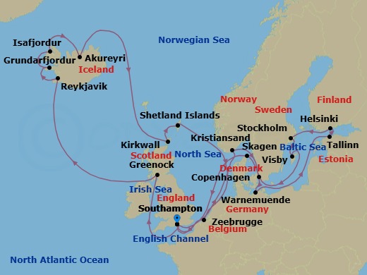 28 Night - Northern Capitals & Viking Fjords Explorer - Sky Princess - Starting in Southampton (for London), England, Kristiansand, Norway, Copenhagen, Denmark, Warnemunde (for Berlin), Germany, Tallinn, Estonia, Helsinki, Finland, Stockholm, Sweden, Visby, Sweden, Skagen, Denmark, Southampton (for London), England, Glasgow (Greenock), Scotland, Reykjavik, Iceland, Grundarfjordur, Iceland, Isafjordur, Iceland, Akureyri, Iceland, Orkney Islands (Kirkwall), Scotland, Shetland Islands (Lerwick), Scotland, Zeebrugge (for Brussels / Bruges), Belgium, Southampton (for London), England itinerary map