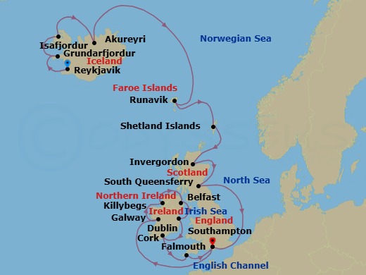 18 Night - British Isles & Icelandic Fjords Adventure - Caribbean Princess - Starting in Reykjavik, Iceland, Grundarfjordur, Iceland, Isafjordur, Iceland, Akureyri, Iceland, Runavik, Faroe Islands, Shetland Islands (Lerwick), Scotland, Invergordon, Scotland, Edinburgh (South Queensferry), Scotland, Southampton (for London), England, Galway, Ireland, Killybegs, Ireland, Belfast, Northern Ireland, Dublin (Dun Laoghaire), Ireland, Cork, Ireland (Cobh / for Blarney Castle), Cornwall (Falmouth), England, Southampton (for London), England itinerary map