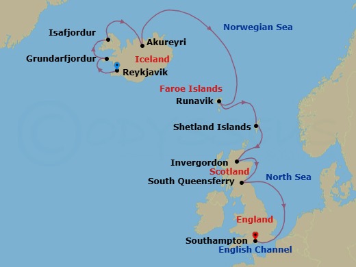 10 Night - Icelandic Fjords & Scottish Isles - Caribbean Princess - Starting in Reykjavik, Iceland, Grundarfjordur, Iceland, Isafjordur, Iceland, Akureyri, Iceland, Runavik, Faroe Islands, Shetland Islands (Lerwick), Scotland, Invergordon, Scotland, Edinburgh (South Queensferry), Scotland, Southampton (for London), England itinerary map