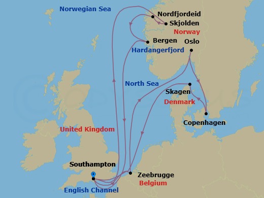 14 Night - Norwegian Fjords & Scandinavia - Sky Princess - Starting in Southampton (for London), England, Hardangerfjord (Scenic Cruising), Norway, Skjolden / Sognefjord, Norway, Nordfjordeid, Norway, Bergen, Norway, Southampton (for London), England, Zeebrugge (for Brussels / Bruges), Belgium, Oslo, Norway, Copenhagen, Denmark, Skagen, Denmark, Southampton (for London), England itinerary map