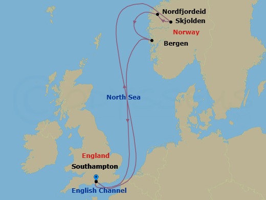 7 Night - Norwegian Fjords - Sky Princess - Starting in Southampton (for London), England, Hardangerfjord (Scenic Cruising), Norway, Skjolden / Sognefjord, Norway, Nordfjordeid, Norway, Bergen, Norway, Southampton (for London), England itinerary map