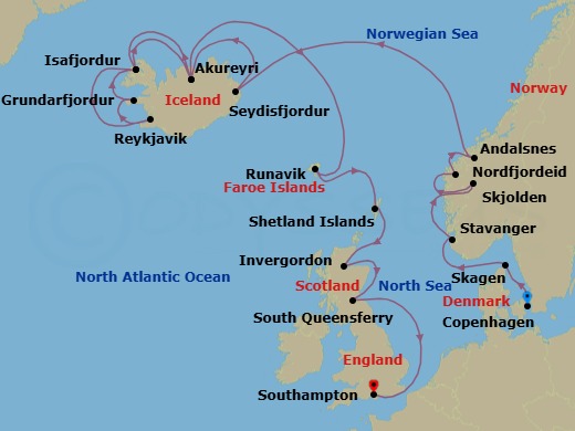 20 Night - Viking Fjords & Scottish Highlands Adventure - Caribbean Princess - Starting in Copenhagen, Denmark, Skagen, Denmark, Stavanger, Norway, Skjolden / Sognefjord, Norway, Nordfjordeid, Norway, Andalsnes, Norway, Seydisfjordur, Iceland, Akureyri, Iceland, Isafjordur, Iceland, Reykjavik, Iceland, Grundarfjordur, Iceland, Isafjordur, Iceland, Akureyri, Iceland, Runavik, Faroe Islands, Shetland Islands (Lerwick), Scotland, Invergordon, Scotland, Edinburgh (South Queensferry), Scotland, Southampton (for London), England itinerary map