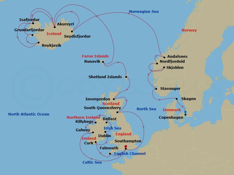 28 Night - British Isles & Viking Fjords Explorer - Caribbean Princess - Starting in Copenhagen, Denmark, Skagen, Denmark, Stavanger, Norway, Skjolden / Sognefjord, Norway, Nordfjordeid, Norway, Andalsnes, Norway, Seydisfjordur, Iceland, Akureyri, Iceland, Isafjordur, Iceland, Reykjavik, Iceland, Grundarfjordur, Iceland, Isafjordur, Iceland, Akureyri, Iceland, Runavik, Faroe Islands, Shetland Islands (Lerwick), Scotland, Invergordon, Scotland, Edinburgh (South Queensferry), Scotland, Southampton (for London), England, Galway, Ireland, Killybegs, Ireland, Belfast, Northern Ireland, Dublin (Dun Laoghaire), Ireland, Cork, Ireland (Cobh / for Blarney Castle), Cornwall (Falmouth), England, Southampton (for London), England itinerary map