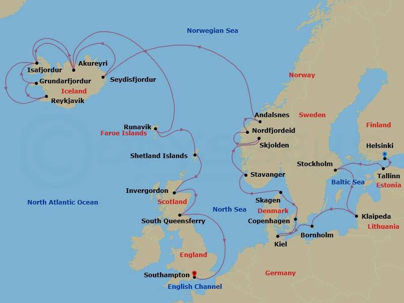27 Night - Scandinavia & Viking Fjords Explorer - Caribbean Princess - Starting in Helsinki, Finland, Tallinn, Estonia, Stockholm, Sweden, Klaipeda, Lithuania, Bornholm, Denmark, Kiel (Hamburg), Germany, Copenhagen, Denmark, Skagen, Denmark, Stavanger, Norway, Skjolden / Sognefjord, Norway, Nordfjordeid, Norway, Andalsnes, Norway, Seydisfjordur, Iceland, Akureyri, Iceland, Isafjordur, Iceland, Reykjavik, Iceland, Grundarfjordur, Iceland, Isafjordur, Iceland, Akureyri, Iceland, Runavik, Faroe Islands, Shetland Islands (Lerwick), Scotland, Invergordon, Scotland, Edinburgh (South Queensferry), Scotland, Southampton (for London), England itinerary map