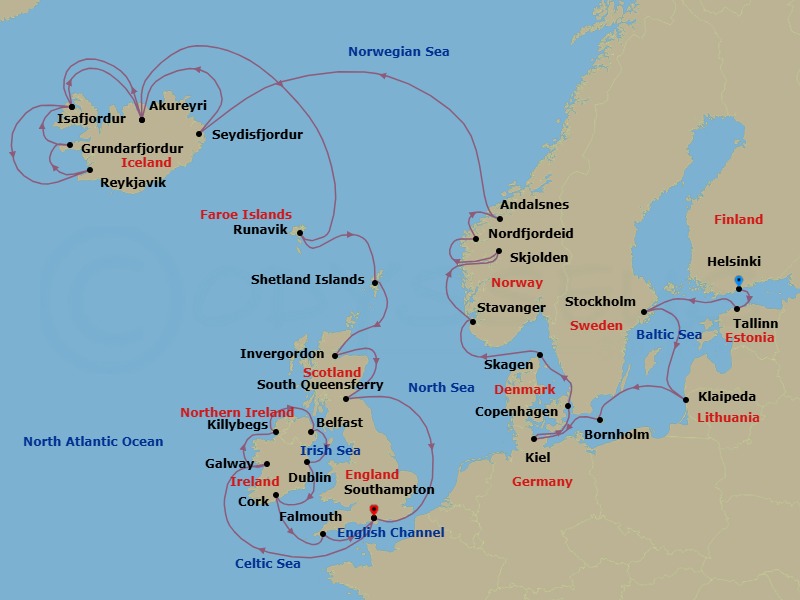 35 Night - Scandinavia, Iceland & British Isles Explorer - Caribbean Princess - Starting in Helsinki, Finland, Tallinn, Estonia, Stockholm, Sweden, Klaipeda, Lithuania, Bornholm, Denmark, Kiel (Hamburg), Germany, Copenhagen, Denmark, Skagen, Denmark, Stavanger, Norway, Skjolden / Sognefjord, Norway, Nordfjordeid, Norway, Andalsnes, Norway, Seydisfjordur, Iceland, Akureyri, Iceland, Isafjordur, Iceland, Reykjavik, Iceland, Grundarfjordur, Iceland, Isafjordur, Iceland, Akureyri, Iceland, Runavik, Faroe Islands, Shetland Islands (Lerwick), Scotland, Invergordon, Scotland, Edinburgh (South Queensferry), Scotland, Southampton (for London), England, Galway, Ireland, Killybegs, Ireland, Belfast, Northern Ireland, Dublin (Dun Laoghaire), Ireland, Cork, Ireland (Cobh / for Blarney Castle), Cornwall (Falmouth), England, Southampton (for London), England itinerary map