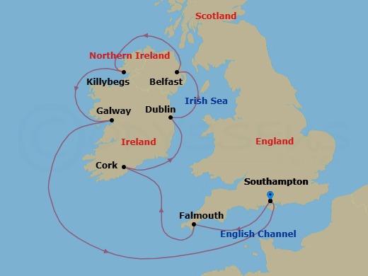 8 Night - Circle Ireland - Caribbean Princess - Starting in Southampton (for London), England, Cornwall (Falmouth), England, Cork, Ireland (Cobh / for Blarney Castle), Dublin (Dun Laoghaire), Ireland, Belfast, Northern Ireland, Killybegs, Ireland, Galway, Ireland, Southampton (for London), England itinerary map
