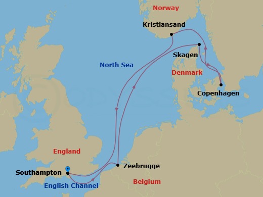 7 Night - Scandinavia - Sky Princess - Starting in Southampton (for London), England, Zeebrugge (for Brussels / Bruges), Belgium, Skagen, Denmark, Copenhagen, Denmark, Kristiansand, Norway, Southampton (for London), England itinerary map
