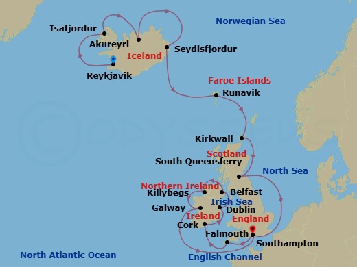 17 Night - British Isles & Icelandic Fjords Adventure - Caribbean Princess - Starting in Reykjavik, Iceland, Isafjordur, Iceland, Akureyri, Iceland, Seydisfjordur, Iceland, Runavik, Faroe Islands, Orkney Islands (Kirkwall), Scotland, Edinburgh (South Queensferry), Scotland, Southampton (for London), England, Cornwall (Falmouth), England, Cork, Ireland (Cobh / for Blarney Castle), Dublin (Dun Laoghaire), Ireland, Belfast, Northern Ireland, Killybegs, Ireland, Galway, Ireland, Southampton (for London), England itinerary map