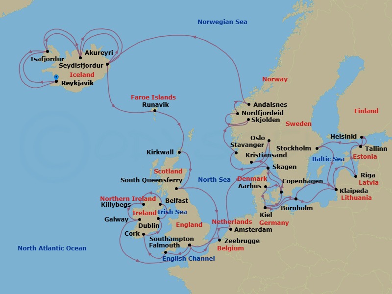 48 Night - Ultimate European Journey - Caribbean Princess - Starting in Reykjavik, Iceland, Isafjordur, Iceland, Akureyri, Iceland, Seydisfjordur, Iceland, Runavik, Faroe Islands, Orkney Islands (Kirkwall), Scotland, Edinburgh (South Queensferry), Scotland, Southampton (for London), England, Cornwall (Falmouth), England, Cork, Ireland (Cobh / for Blarney Castle), Dublin (Dun Laoghaire), Ireland, Belfast, Northern Ireland, Killybegs, Ireland, Galway, Ireland, Southampton (for London), England, Zeebrugge (for Brussels / Bruges), Belgium, Amsterdam, Netherlands, Oslo, Norway, Kristiansand, Norway, Skagen, Denmark, Copenhagen, Denmark, Aarhus, Denmark, Kiel (Hamburg), Germany, Bornholm, Denmark, Klaipeda, Lithuania, Riga, Latvia, Tallinn, Estonia, Helsinki, Finland, Tallinn, Estonia, Stockholm, Sweden, Klaipeda, Lithuania, Bornholm, Denmark, Kiel (Hamburg), Germany, Copenhagen, Denmark, Skagen, Denmark, Stavanger, Norway, Skjolden / Sognefjord, Norway, Nordfjordeid, Norway, Andalsnes, Norway, Seydisfjordur, Iceland, Akureyri, Iceland, Isafjordur, Iceland, Reykjavik, Iceland itinerary map