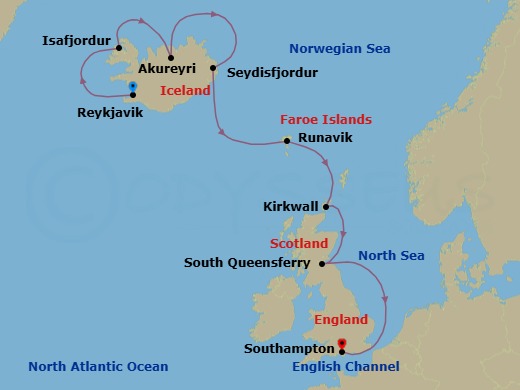 9 Night - Icelandic Fjords & Scottish Isles - Caribbean Princess - Starting in Reykjavik, Iceland, Isafjordur, Iceland, Akureyri, Iceland, Seydisfjordur, Iceland, Runavik, Faroe Islands, Orkney Islands (Kirkwall), Scotland, Edinburgh (South Queensferry), Scotland, Southampton (for London), England itinerary map