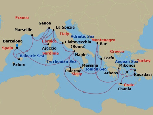 21 Night - The Best of the Mediterranean - Sun Princess - Starting in Barcelona, Spain, Mallorca (Palma), Spain, Marseille (Provence), France, Genoa (for Cinque Terre), Italy, Corsica (Ajaccio), France, La Spezia (for Florence / Pisa), Italy, Civitavecchia (for Rome), Italy, Naples, Italy (for Capri and Pompeii), Sicily (Palermo), Italy, Crete (Chania), Greece, Kusadasi, Turkey (for Ephesus), Mykonos, Greece, Athens (Piraeus), Greece, Montenegro, Corfu, Greece, Sicily (Messina), Italy, Naples, Italy (for Capri and Pompeii), Barcelona, Spain itinerary map