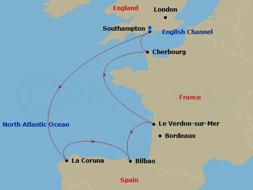 7 Night - Spain & France - Sky Princess - Starting in Southampton (for London), England, La Coruna, Spain (for Santiago de Compostela), Bilbao, Le Verdon (for Bordeaux), France, Cherbourg, France, Southampton (for London), England itinerary map
