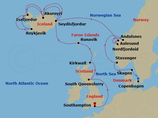 19 Night - Viking Fjords & Scottish Highlands Adventure - Caribbean Princess - Starting in Copenhagen, Denmark, Skagen, Denmark, Stavanger, Norway, Andalsnes, Norway, Nordfjordeid, Norway, Alesund, Norway, Seydisfjordur, Iceland, Akureyri, Iceland, Isafjordur, Iceland, Reykjavik, Iceland, Isafjordur, Iceland, Akureyri, Iceland, Seydisfjordur, Iceland, Runavik, Faroe Islands, Orkney Islands (Kirkwall), Scotland, Edinburgh (South Queensferry), Scotland, Southampton (for London), England itinerary map