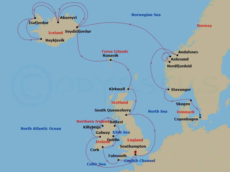 27 Night - British Isles & Viking Fjords Explorer - Caribbean Princess - Starting in Copenhagen, Denmark, Skagen, Denmark, Stavanger, Norway, Andalsnes, Norway, Nordfjordeid, Norway, Alesund, Norway, Seydisfjordur, Iceland, Akureyri, Iceland, Isafjordur, Iceland, Reykjavik, Iceland, Isafjordur, Iceland, Akureyri, Iceland, Seydisfjordur, Iceland, Runavik, Faroe Islands, Orkney Islands (Kirkwall), Scotland, Edinburgh (South Queensferry), Scotland, Southampton (for London), England, Cornwall (Falmouth), England, Cork, Ireland (Cobh / for Blarney Castle), Dublin (Dun Laoghaire), Ireland, Belfast, Northern Ireland, Killybegs, Ireland, Galway, Ireland, Southampton (for London), England itinerary map