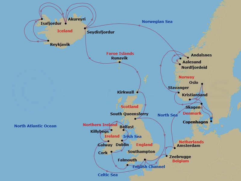 34 Night - Northern Capitals & Viking Fjords Explorer - Caribbean Princess - Starting in Copenhagen, Denmark, Skagen, Denmark, Stavanger, Norway, Andalsnes, Norway, Nordfjordeid, Norway, Alesund, Norway, Seydisfjordur, Iceland, Akureyri, Iceland, Isafjordur, Iceland, Reykjavik, Iceland, Isafjordur, Iceland, Akureyri, Iceland, Seydisfjordur, Iceland, Runavik, Faroe Islands, Orkney Islands (Kirkwall), Scotland, Edinburgh (South Queensferry), Scotland, Southampton (for London), England, Cornwall (Falmouth), England, Cork, Ireland (Cobh / for Blarney Castle), Dublin (Dun Laoghaire), Ireland, Belfast, Northern Ireland, Killybegs, Ireland, Galway, Ireland, Southampton (for London), England, Zeebrugge (for Brussels / Bruges), Belgium, Amsterdam, Netherlands, Oslo, Norway, Kristiansand, Norway, Skagen, Denmark, Copenhagen, Denmark itinerary map