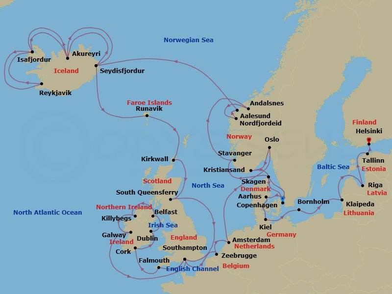 41 Night - Northern Europe Explorer - Caribbean Princess - Starting in Copenhagen, Denmark, Skagen, Denmark, Stavanger, Norway, Andalsnes, Norway, Nordfjordeid, Norway, Alesund, Norway, Seydisfjordur, Iceland, Akureyri, Iceland, Isafjordur, Iceland, Reykjavik, Iceland, Isafjordur, Iceland, Akureyri, Iceland, Seydisfjordur, Iceland, Runavik, Faroe Islands, Orkney Islands (Kirkwall), Scotland, Edinburgh (South Queensferry), Scotland, Southampton (for London), England, Cornwall (Falmouth), England, Cork, Ireland (Cobh / for Blarney Castle), Dublin (Dun Laoghaire), Ireland, Belfast, Northern Ireland, Killybegs, Ireland, Galway, Ireland, Southampton (for London), England, Zeebrugge (for Brussels / Bruges), Belgium, Amsterdam, Netherlands, Oslo, Norway, Kristiansand, Norway, Skagen, Denmark, Copenhagen, Denmark, Aarhus, Denmark, Kiel (Hamburg), Germany, Bornholm, Denmark, Klaipeda, Lithuania, Riga, Latvia, Tallinn, Estonia, Helsinki, Finland itinerary map