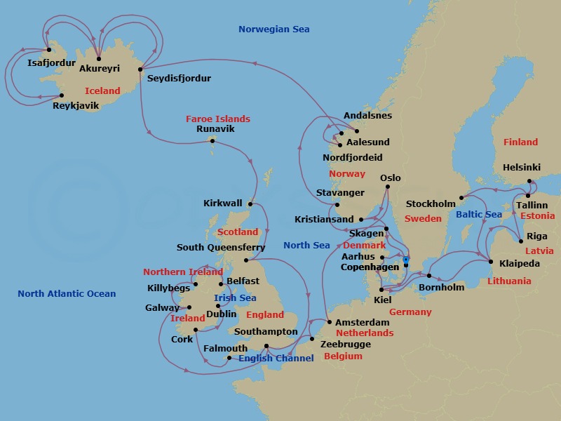 48 Night - Ultimate European Journey - Caribbean Princess - Starting in Copenhagen, Denmark, Skagen, Denmark, Stavanger, Norway, Andalsnes, Norway, Nordfjordeid, Norway, Alesund, Norway, Seydisfjordur, Iceland, Akureyri, Iceland, Isafjordur, Iceland, Reykjavik, Iceland, Isafjordur, Iceland, Akureyri, Iceland, Seydisfjordur, Iceland, Runavik, Faroe Islands, Orkney Islands (Kirkwall), Scotland, Edinburgh (South Queensferry), Scotland, Southampton (for London), England, Cornwall (Falmouth), England, Cork, Ireland (Cobh / for Blarney Castle), Dublin (Dun Laoghaire), Ireland, Belfast, Northern Ireland, Killybegs, Ireland, Galway, Ireland, Southampton (for London), England, Zeebrugge (for Brussels / Bruges), Belgium, Amsterdam, Netherlands, Oslo, Norway, Kristiansand, Norway, Skagen, Denmark, Copenhagen, Denmark, Aarhus, Denmark, Kiel (Hamburg), Germany, Bornholm, Denmark, Klaipeda, Lithuania, Riga, Latvia, Tallinn, Estonia, Helsinki, Finland, Tallinn, Estonia, Stockholm, Sweden, Klaipeda, Lithuania, Bornholm, Denmark, Kiel (Hamburg), Germany, Copenhagen, Denmark itinerary map