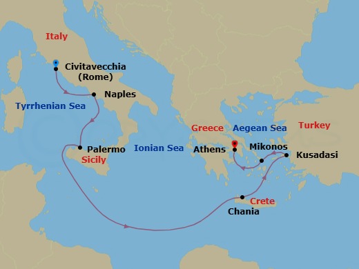 7 Night - Mediterranean with Italy & Turkey - Sun Princess - Starting in Civitavecchia (for Rome), Italy, Naples, Italy (for Capri and Pompeii), Sicily (Palermo), Italy, Crete (Chania), Greece, Kusadasi, Turkey (for Ephesus), Mykonos, Greece, Athens (Piraeus), Greece itinerary map