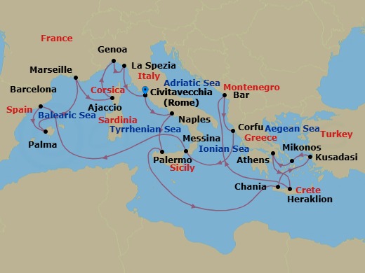 21 Night - The Best of the Mediterranean - Sun Princess - Starting in Civitavecchia (for Rome), Italy, Naples, Italy (for Capri and Pompeii), Sicily (Palermo), Italy, Crete (Chania), Greece, Kusadasi, Turkey (for Ephesus), Mykonos, Greece, Athens (Piraeus), Greece, Crete (Heraklion), Greece, Montenegro, Corfu, Greece, Sicily (Messina), Italy, Barcelona, Spain, Mallorca (Palma), Spain, Marseille (Provence), France, Corsica (Ajaccio), France, Genoa (for Cinque Terre), Italy, La Spezia (for Florence / Pisa), Italy, Civitavecchia (for Rome), Italy itinerary map
