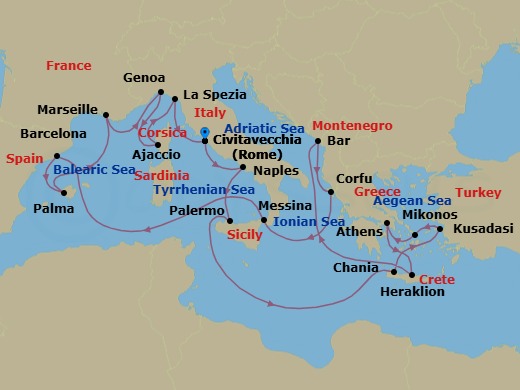 21 Night - The Best of the Mediterranean - Sun Princess - Starting in Civitavecchia (for Rome), Italy, Naples, Italy (for Capri and Pompeii), Sicily (Palermo), Italy, Crete (Chania), Greece, Kusadasi, Turkey (for Ephesus), Mykonos, Greece, Athens (Piraeus), Greece, Crete (Heraklion), Greece, Montenegro, Corfu, Greece, Sicily (Messina), Italy, Barcelona, Spain, Mallorca (Palma), Spain, Marseille (Provence), France, Genoa (for Cinque Terre), Italy, Corsica (Ajaccio), France, La Spezia (for Florence / Pisa), Italy, Civitavecchia (for Rome), Italy itinerary map