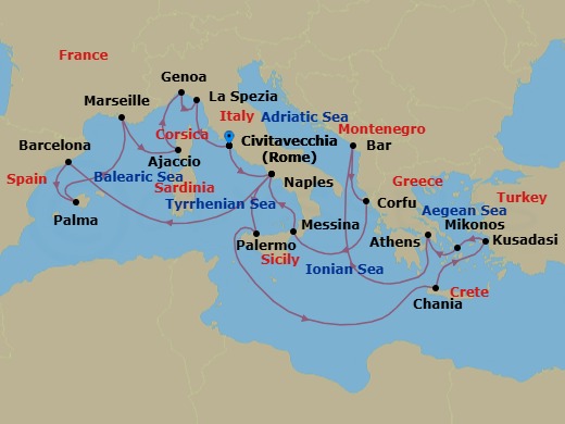 21 Night - The Best of the Mediterranean - Sun Princess - Starting in Civitavecchia (for Rome), Italy, Naples, Italy (for Capri and Pompeii), Sicily (Palermo), Italy, Crete (Chania), Greece, Kusadasi, Turkey (for Ephesus), Mykonos, Greece, Athens (Piraeus), Greece, Montenegro, Corfu, Greece, Sicily (Messina), Italy, Naples, Italy (for Capri and Pompeii), Barcelona, Spain, Mallorca (Palma), Spain, Marseille (Provence), France, Corsica (Ajaccio), France, Genoa (for Cinque Terre), Italy, La Spezia (for Florence / Pisa), Italy, Civitavecchia (for Rome), Italy itinerary map