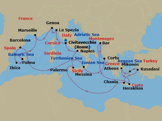 21 Night - The Best of the Mediterranean - Sun Princess - Starting in Civitavecchia (for Rome), Italy, Naples, Italy (for Capri and Pompeii), Sicily (Palermo), Italy, Crete (Chania), Greece, Kusadasi, Turkey (for Ephesus), Mykonos, Greece, Athens (Piraeus), Greece, Crete (Heraklion), Greece, Montenegro, Corfu, Greece, Sicily (Messina), Italy, Barcelona, Spain, Ibiza, Spain, Mallorca (Palma), Spain, Marseille (Provence), France, Genoa (for Cinque Terre), Italy, La Spezia (for Florence / Pisa), Italy, Civitavecchia (for Rome), Italy itinerary map