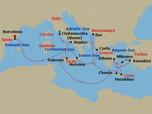 14 Night - Mediterranean with Greece, Turkey, & Adriatic - Sun Princess - Starting in Civitavecchia (for Rome), Italy, Naples, Italy (for Capri and Pompeii), Sicily (Palermo), Italy, Crete (Chania), Greece, Kusadasi, Turkey (for Ephesus), Mykonos, Greece, Athens (Piraeus), Greece, Crete (Heraklion), Greece, Montenegro, Corfu, Greece, Sicily (Messina), Italy, Barcelona, Spain itinerary map