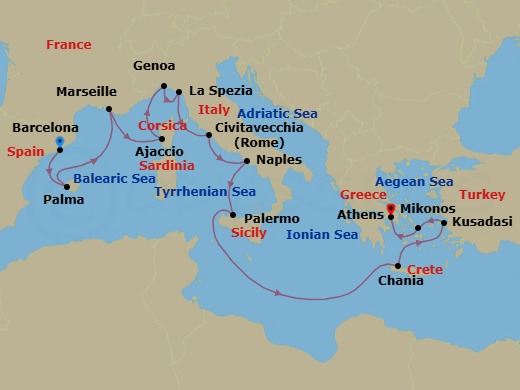 14 Night - Mediterranean with Greece, Italy & Turkey - Sun Princess - Starting in Barcelona, Spain, Mallorca (Palma), Spain, Marseille (Provence), France, Corsica (Ajaccio), France, Genoa (for Cinque Terre), Italy, La Spezia (for Florence / Pisa), Italy, Civitavecchia (for Rome), Italy, Naples, Italy (for Capri and Pompeii), Sicily (Palermo), Italy, Crete (Chania), Greece, Kusadasi, Turkey (for Ephesus), Mykonos, Greece, Athens (Piraeus), Greece itinerary map