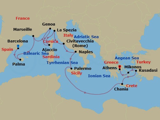 14 Night - Mediterranean with Greece, Italy & Turkey - Sun Princess - Starting in Barcelona, Spain, Mallorca (Palma), Spain, Marseille (Provence), France, Genoa (for Cinque Terre), Italy, Corsica (Ajaccio), France, La Spezia (for Florence / Pisa), Italy, Civitavecchia (for Rome), Italy, Naples, Italy (for Capri and Pompeii), Sicily (Palermo), Italy, Crete (Chania), Greece, Kusadasi, Turkey (for Ephesus), Mykonos, Greece, Athens (Piraeus), Greece itinerary map