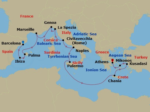 14 Night - Mediterranean with Greece, Italy & Turkey - Sun Princess - Starting in Barcelona, Spain, Ibiza, Spain, Mallorca (Palma), Spain, Marseille (Provence), France, Genoa (for Cinque Terre), Italy, La Spezia (for Florence / Pisa), Italy, Civitavecchia (for Rome), Italy, Naples, Italy (for Capri and Pompeii), Sicily (Palermo), Italy, Crete (Chania), Greece, Kusadasi, Turkey (for Ephesus), Mykonos, Greece, Athens (Piraeus), Greece itinerary map