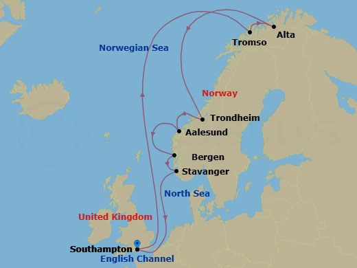 14 Night - Search for the Northern Lights - Majestic Princess - Starting in Southampton (for London), England, Tromso, Norway, Alta, Norway, Trondheim, Norway, Alesund, Norway, Bergen, Norway, Stavanger, Norway, Southampton (for London), England itinerary map