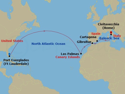 14 Night - Western Mediterranean Passage - Caribbean Princess - Starting in Fort Lauderdale, Florida, Gran Canaria (Las Palmas), Canary Islands, Gibraltar, Cartagena ES, Civitavecchia (for Rome), Italy itinerary map