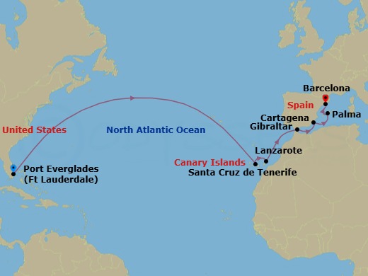 15 Night - Spanish Passage - Sun Princess - Starting in Fort Lauderdale, Florida, Santa Cruz de Tenerife, Lanzarote (Arrecife), Canary Islands, Gibraltar, Cartagena ES, Mallorca (Palma), Spain, Barcelona, Spain itinerary map