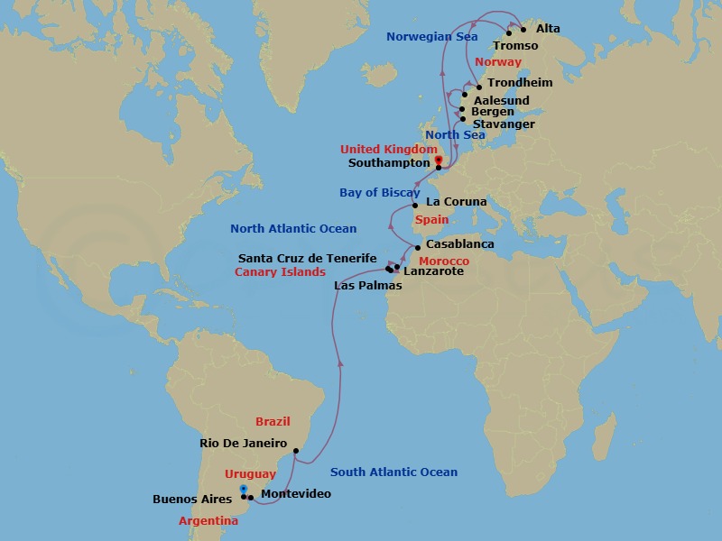 36 Night - Northern Lights Grand Adventure - Majestic Princess - Starting in Buenos Aires, Argentina, Montevideo, Uruguay, Rio De Janeiro, Brazil, Santa Cruz de Tenerife, Lanzarote (Arrecife), Canary Islands, Gran Canaria (Las Palmas), Canary Islands, Casablanca, Morocco (for Marrakesh), La Coruna, Spain (for Santiago de Compostela), Southampton (for London), England, Tromso, Norway, Alta, Norway, Trondheim, Norway, Alesund, Norway, Bergen, Norway, Stavanger, Norway, Southampton (for London), England itinerary map