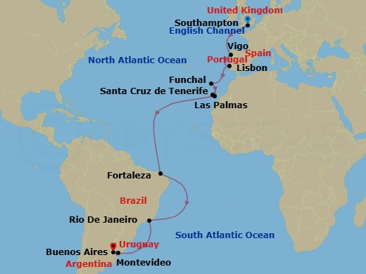 22 Night - South American Passage - Majestic Princess - Starting in Southampton (for London), England, Vigo, Spain (for Santiago de Compostela), Lisbon, Portugal, Madeira (Funchal), Portugal, Santa Cruz de Tenerife, Gran Canaria (Las Palmas), Canary Islands, Fortaleza, Brazil, Rio De Janeiro, Brazil, Montevideo, Uruguay, Buenos Aires, Argentina itinerary map