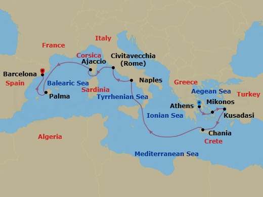 10 Night - Mediterranean with Greek Isles & Turkey - Sun Princess - Starting in Athens (Piraeus), Greece, Mykonos, Greece, Kusadasi, Turkey (for Ephesus), Crete (Chania), Greece, Naples, Italy (for Capri and Pompeii), Civitavecchia (for Rome), Italy, Corsica (Ajaccio), France, Mallorca (Palma), Spain, Barcelona, Spain itinerary map